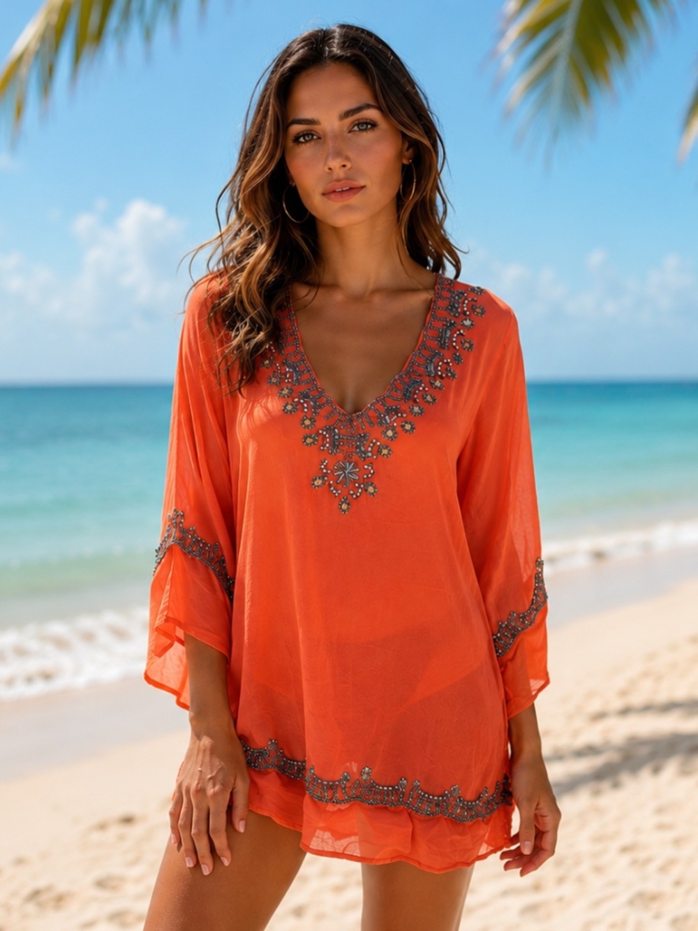 Luxury Coral Embellished Silk Kaftan | Designer Resort Beach Cover Up